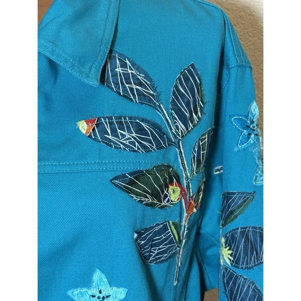 Chicos Teal Tropical/Leaf/Parrot Applique/Beaded Denim Jacket Sz 3 (XL-16) Artsy